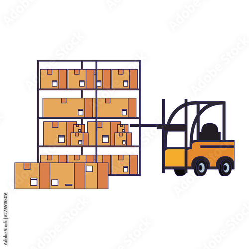 Warehouse and shipping forklift with cargo blue lines