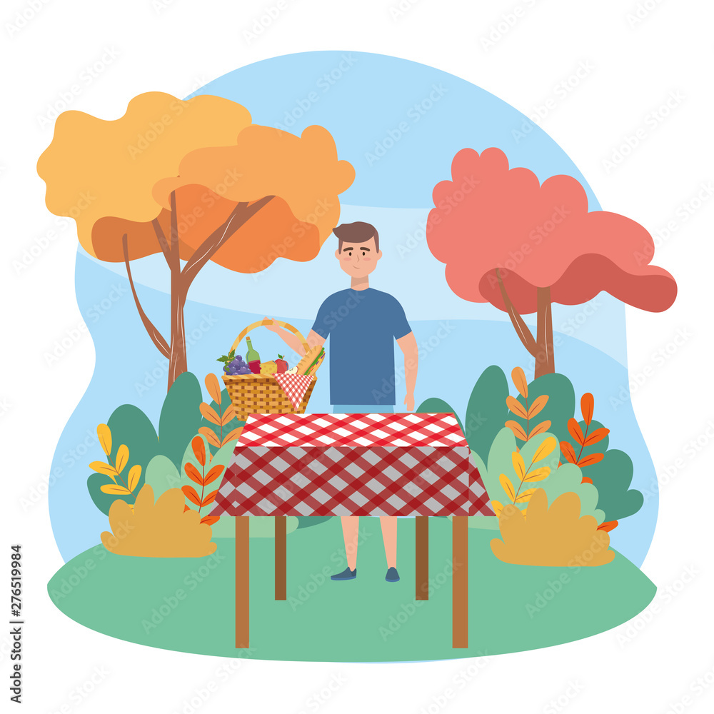 Man cartoon having picnic design