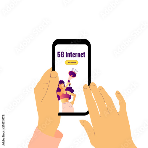 Human hands holding smartphone with text 5g internet.
