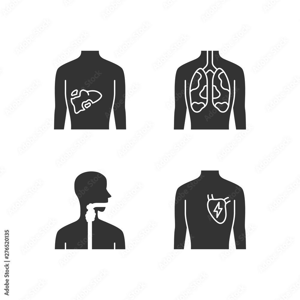 Ill human organs glyph icons set. Sore liver and lungs. Aching throat ...