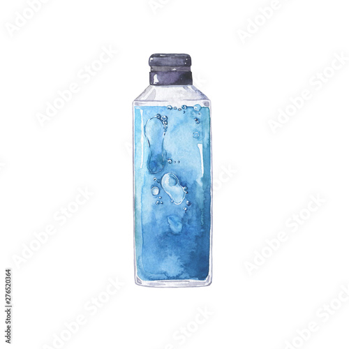 Blue bottle with lotion, soap or creme isolated on white background. Hand drawn watercolor illustration.