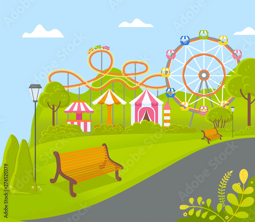 Amusement park vector, fun time and relaxation on nature. Ferris wheel and tents, circus and attraction, fair weather and entertainment on wooden bench