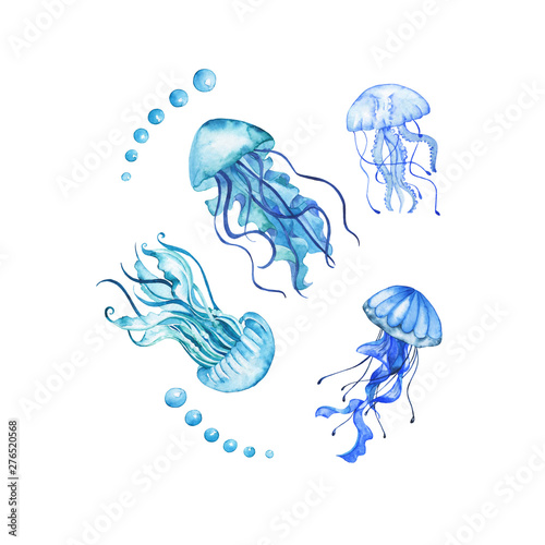 Set of blue jellyfishes and bubbles isolated on white background. Hand drawn watercolor illustration. © angry_red_cat