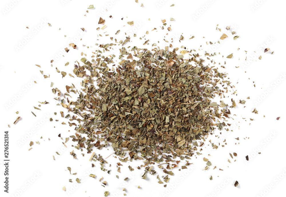 Basil dried spice isolated on white background and texture, top view Basil dried spice isolated on white background and texture, top view