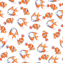 Wandcirkels Goudvis patronen Oranje en grijze visjes aquarel  © angry_red_cat