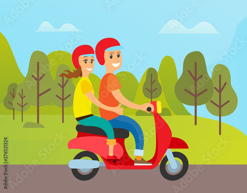 Man and woman riding scooter vector, couple on vacation spending time on nature. Forest with trees and path leading to destination, holidays of pair