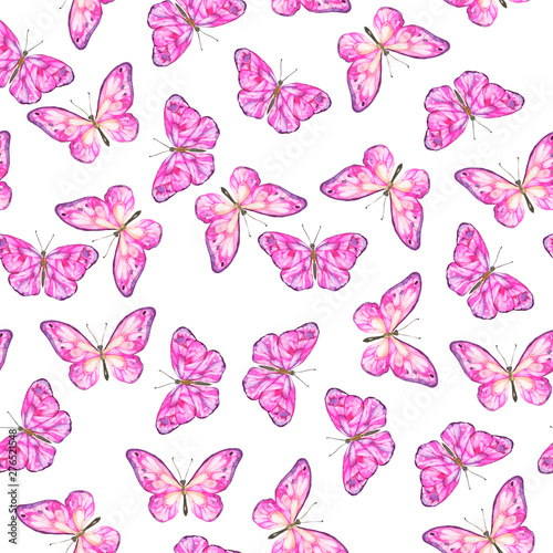 Seamless pattern with bright pink butterflies on white background. Hand drawn watercolor illustration.