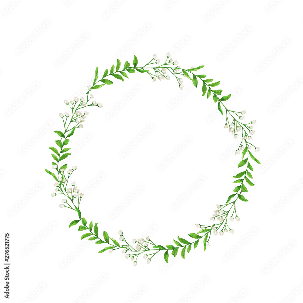 Beautiful floral frame with white flowers and green leaves isolated on white background. Hand drawn watercolor illustration.