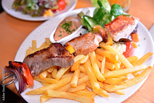 Close up of BBQ and French fries; Haydnbrau;Vienna;Austria