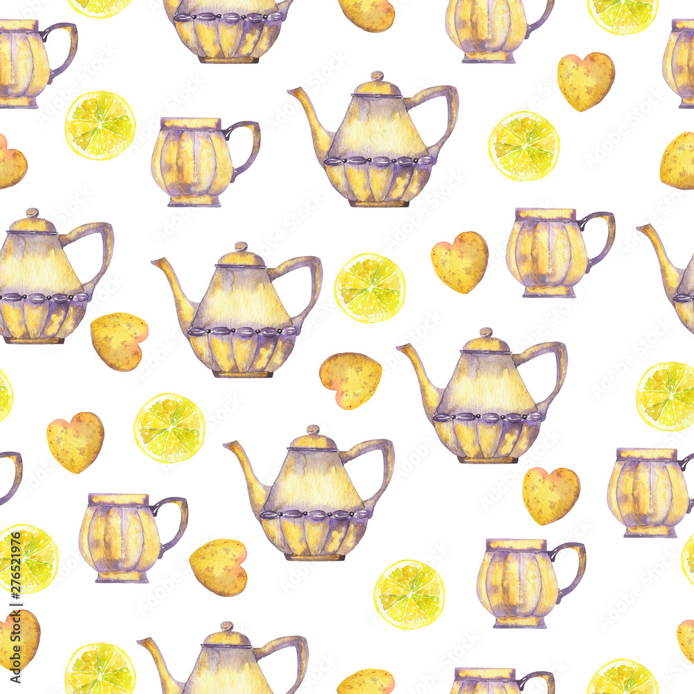 Seamless pattern withvintage teapots and teacups and lemon slices on white background. Hand drawn watercolor illustration.