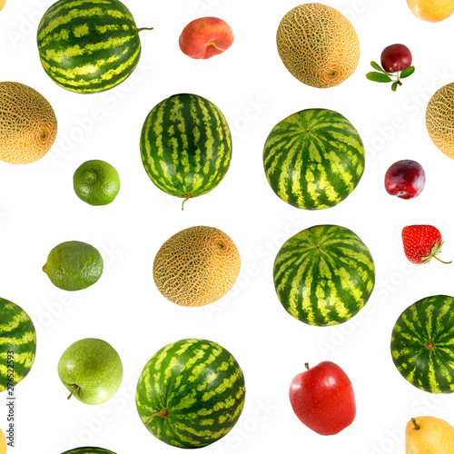 isolated image of watermelon, apple, lemon close up