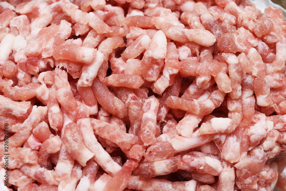 Crushed pork for cooking, Close - up of Raw red meat and white fat Crushed pork for cooking, Close - up of Raw red meat and white fat