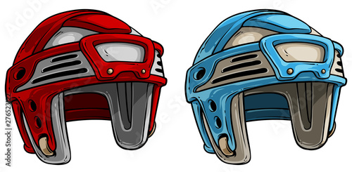Cartoon colorful plastic protective ice hockey helmet. Isolated on white background. Vector icon set.