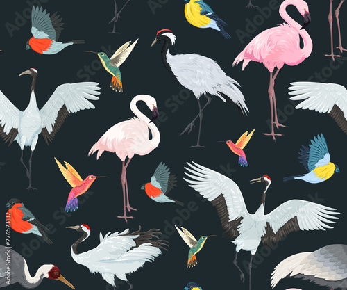 Seamless pattern with birds. Flamingos, cranes, hummingbirds, chickadees and bullfinches