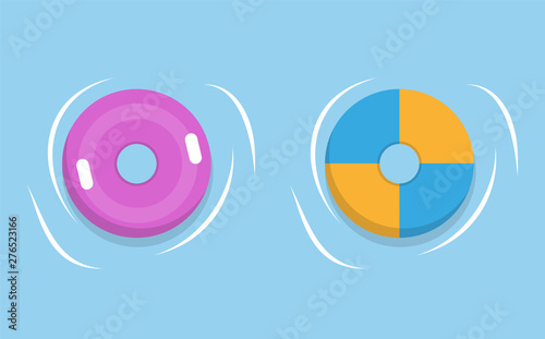 Lifebuoy or lifesaver round inflatable rings in blue water. Vector purple and yellow safety buoys, rubber swimming equipment, nautical floating rafts