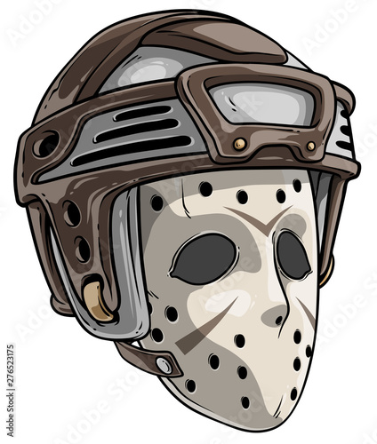 Cartoon scary halloween goalie hockey mask with plastic protective helmet. Isolated on white background. Vector icon.