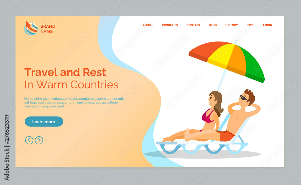 Travel and rest in warm countries vector, man and woman spending vacation at beach, summertime holidays and relaxation. People wearing bathing suits. Website or webpage template, landing page flat
