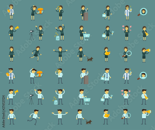 Cartoon people big set character. Man and woman bundle. Collection illustrations. Different situations on blue background
