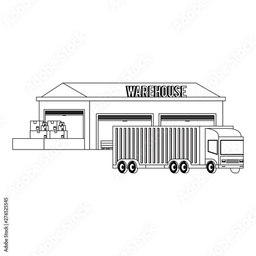 Warehouse storage building with merchandise in black and white