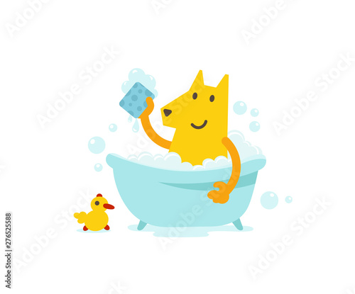 Dog grooming. Bathing time. Canine hygiene. Cute dog taking a bath. Vector cartoon illustration.