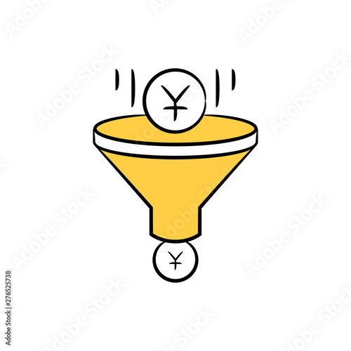 money Yuan coin in funnel yellow doodle theme