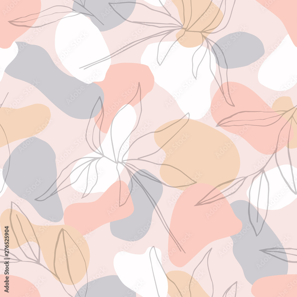 Abstract seamless pattern with botanical lines leaves in pastel color background. For fabric, textile, greeting card template, wall art, social media post, packaging. Abstract seamless pattern with botanical lines leaves in pastel color background. For fabric, textile, greeting card template, wall art, social media post, packaging.