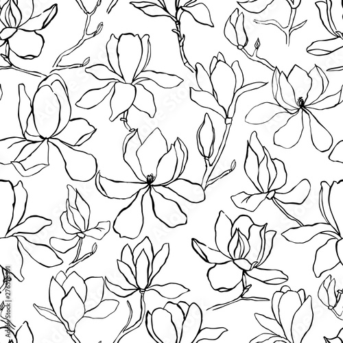 Magnolia.Floral vector background in line style. Seamless pattern. Branches with flowers of magnolia. Modern trendy graphic design template for poster, card, banner, cover, textile, fabric, wrapping. 