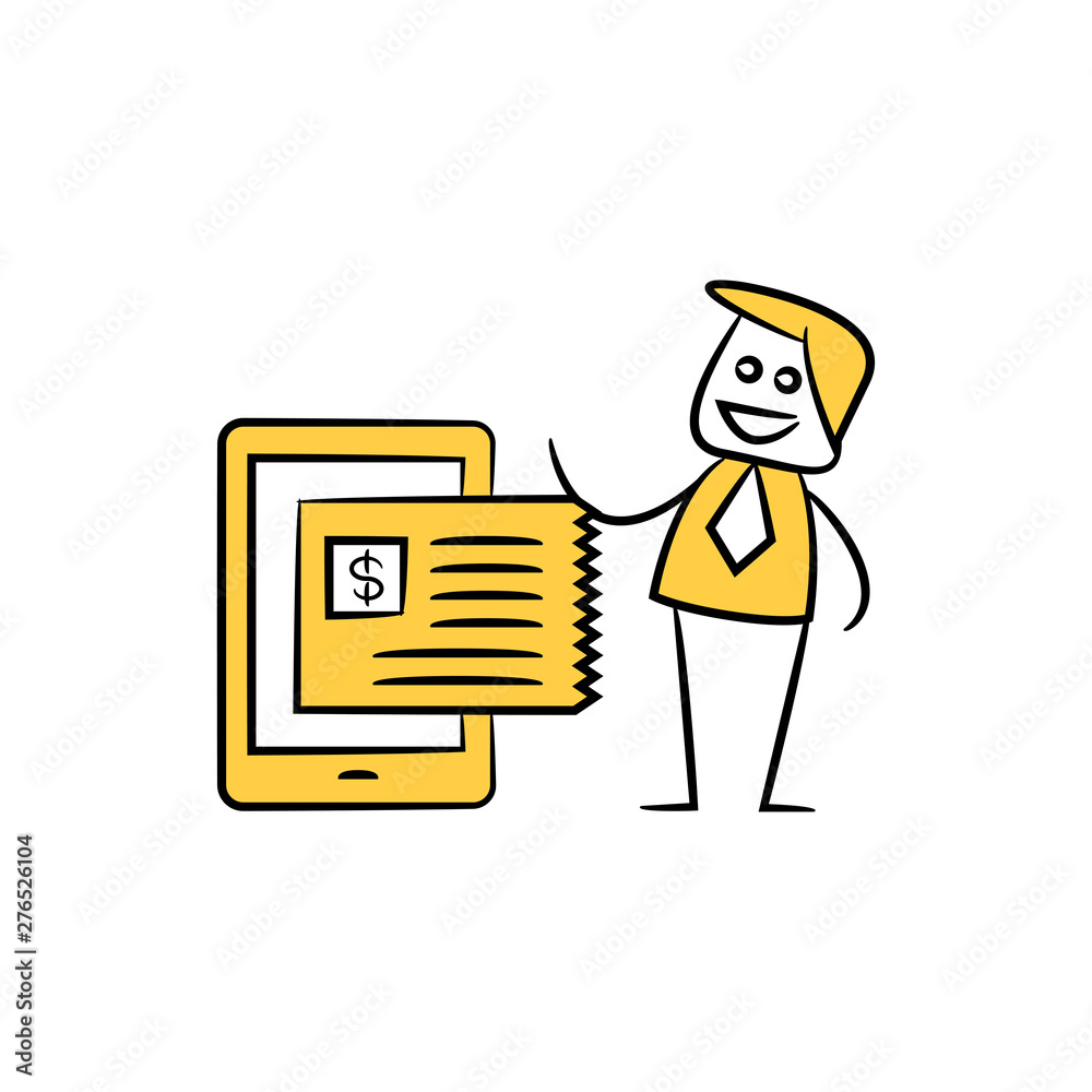 businessman and mobile dollar bill  yellow stick figure