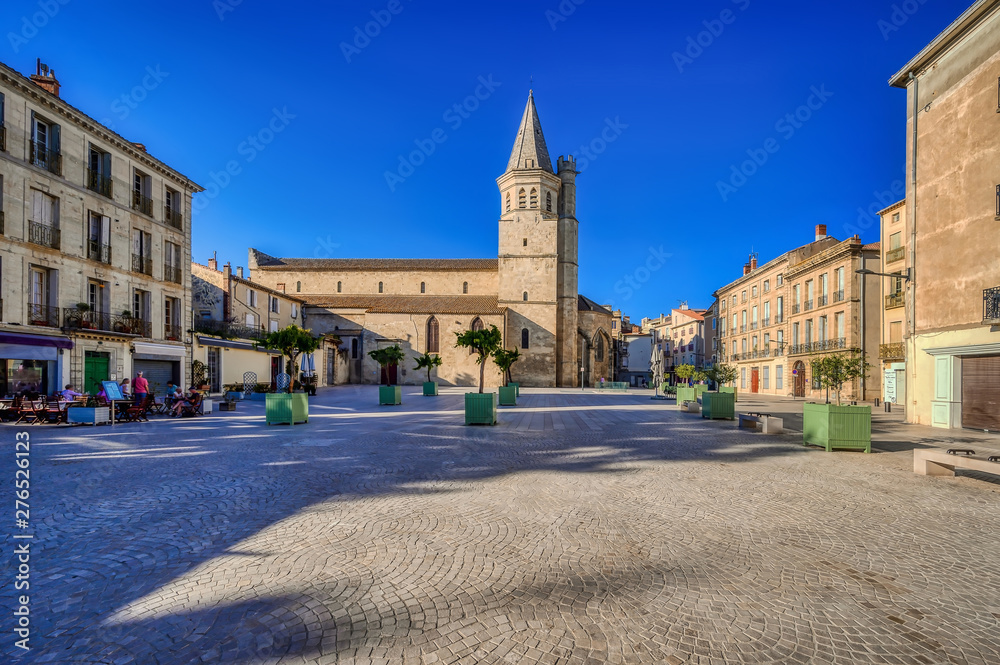 Madeleine Church and Place de la Madeleine in the city of Beziers, Herault Department, France