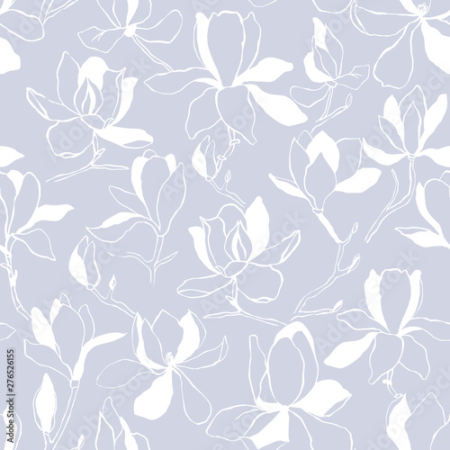 Seamless floral vector pattern with magnolia blossom. Vintage stylized. Modern trendy graphic design template for poster, card, banner, cover, textile, fabric, wrapping.