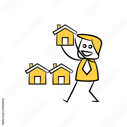 businessman, real estate investor holding house yellow stick figure