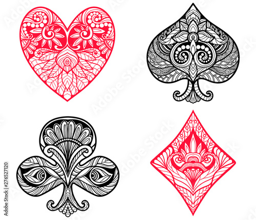 Vector set of hand drawn suit black and red playing card with decorative ornament. Isolated objects on white background