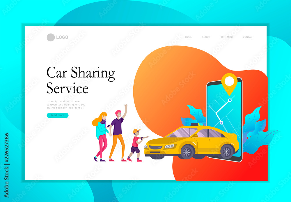 Landing page template mobile city transportation, online car sharing with  cartoon family people character and smartphone, online carsharing. Vector  flat style illustration Stock Vector | Adobe Stock