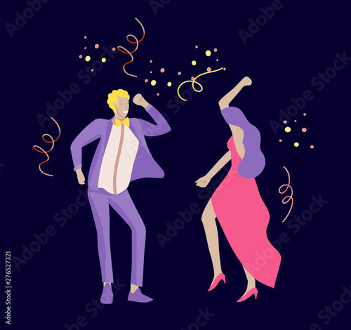 Group of smiling young people or students in evening dresses and tuxedos, happy Jumping and dansing. Prom party, prom night invitation, promenade school dance concept. Vector illustration concept