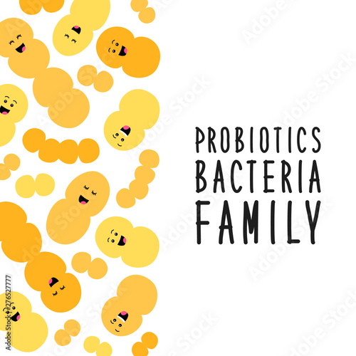 Funny probiotics bacteria family background isolated on white, gut and intestinal flora, set in flat style