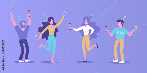 Hand drawn People on the party. Men and women in festive hats with champagne sparkler in their hands. Boys and girls dancing and having fun. Hand drawn flat illustration on violet background
