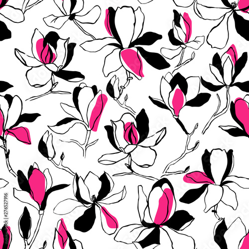 Seamless floral vector pattern with magnolia blossom. Vintage stylized. Modern trendy graphic design template for poster, card, banner, cover, textile, fabric, wrapping.