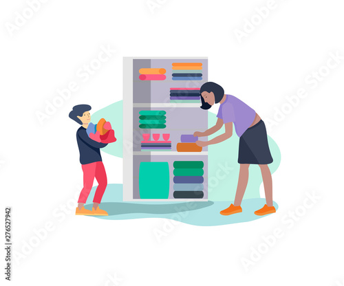 Scenes with the family doing housework, child boy helping mother clean the house, washing clothes iand putting things in the wardrobe or closet. Vector illustration of cartoon style.