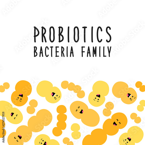 Funny probiotics bacteria family background isolated on white, gut and intestinal flora, set in flat style