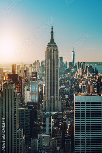 view of Manhattan skyline and skyscrapers at sunrise, New York 