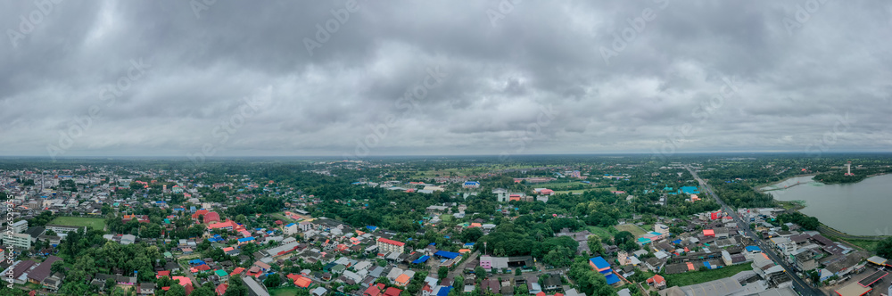 Aerial view of the city, rainy day