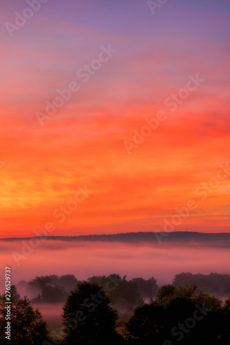 Beautiful Orange Foggy Morning Sunrise Over Countryside In Venango Northwest Rural Pensylvania