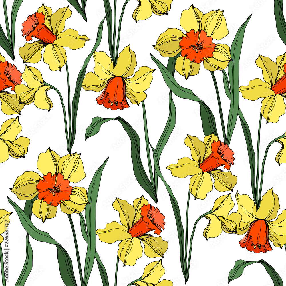 Vector Narcissus floral botanical flower. Yellow and green engraved ink art. Seamless background pattern.