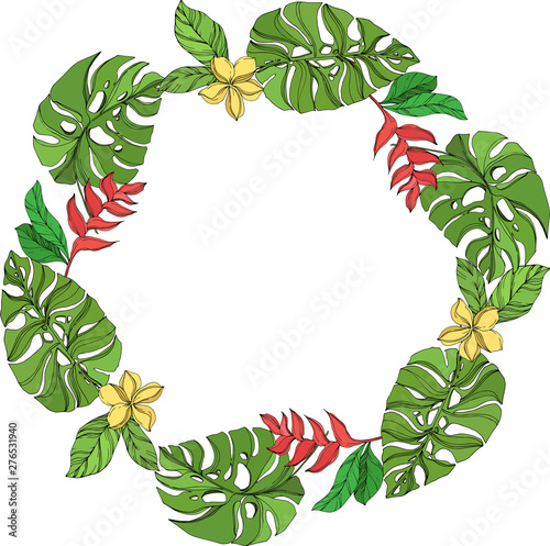 Palm beach tree leaves jungle botanical. Black and white engraved ink art. Frame border ornament square.