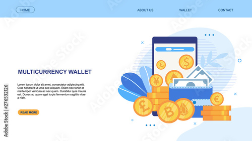Flat Landing Page Presenting Multicurrency Wallet
