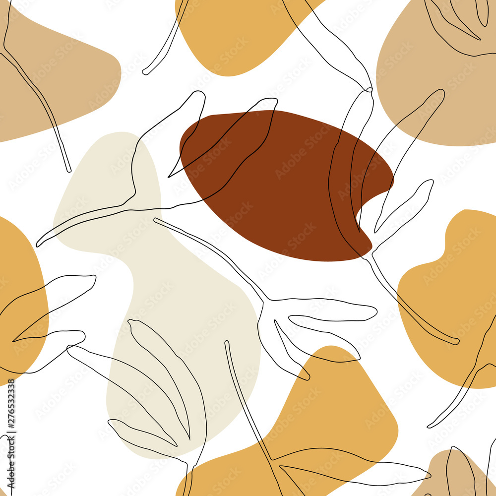 Seamless pattern with abstract geometric shapes, leaf nature aesthetic texture, pastel warm tones. Modern trendy graphic design template for poster, card, banner, cover, textile, fabric, wrapping. 