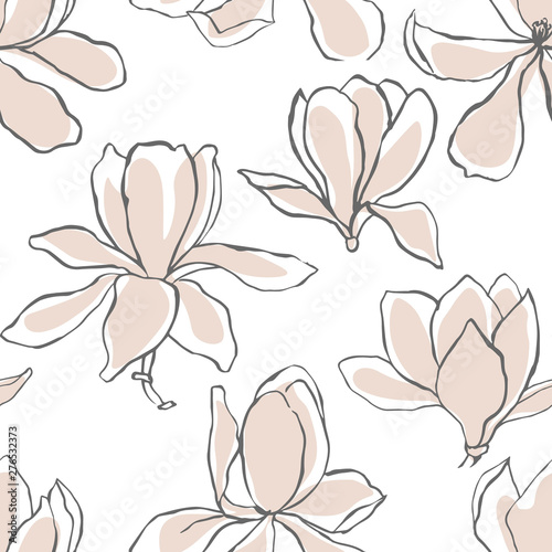 Modern abstract Magnolia flowers background. Floral Seamless pattern. Pastel scandinavian colors palette. Textile composition, hand drawn style print. Vector illustration.