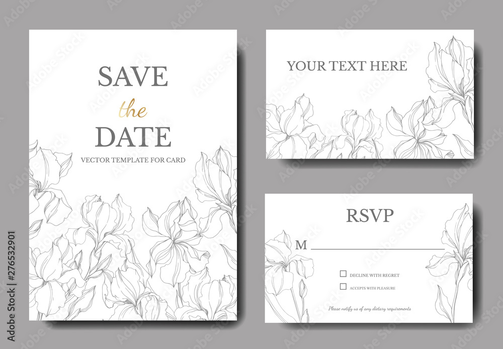 Vector Irises botanical flowers. Black and white engraved ink art. Wedding background card floral decorative border.