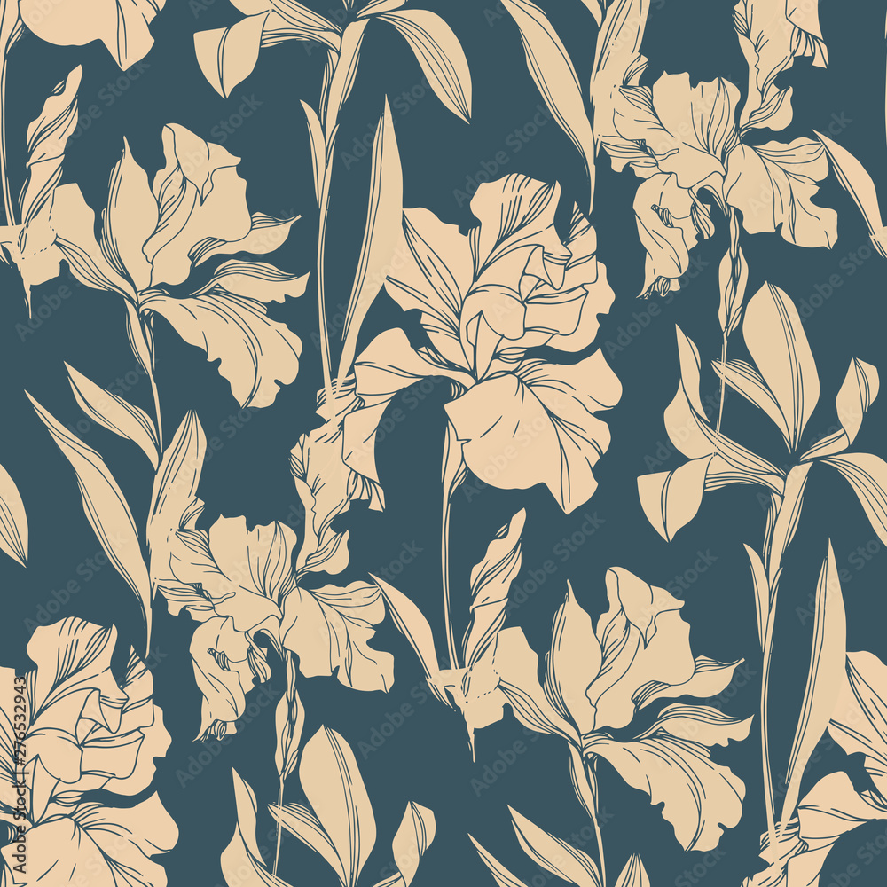 Iris floral botanical flowers. Black and white engraved ink art. Seamless background pattern. Iris floral botanical flowers. Black and white engraved ink art. Seamless background pattern.