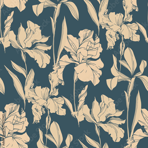 Iris floral botanical flowers. Black and white engraved ink art. Seamless background pattern.